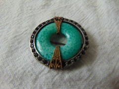 vintage antique faux Jade glass ring gray crystals silver gold setting brooch