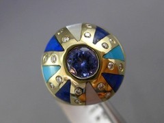 ESTATE 1.03CT DIAMOND & AAA MULTI GEM 14KT YELLOW GOLD 3D ETOILE DOME SHAPE RING