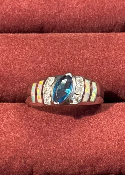 London Blue Topaz Ring With Fire Opal Inlay Sterling Silver Ring