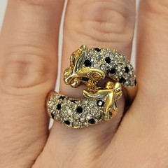 VTG Jackie Collins Two Tone Panther Link Necklace + Pave Rhinestone Ring 80s