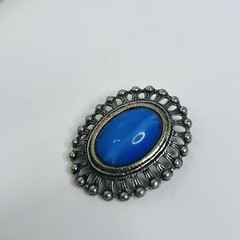 Vintage Silver Tone Blue Cabochon Oval Brooch Openwork Beaded Frame 45mm Folk
