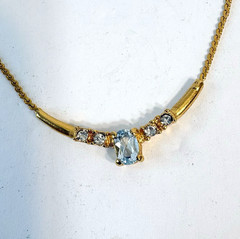 Vintage Genuine Blue Topaz Gemstone Necklace Rhinestones Gold Tone 17″