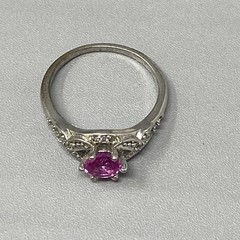 Pink Sapphire Ring Silver Tone Band Round Faceted Stone Ornate Birthstone 8