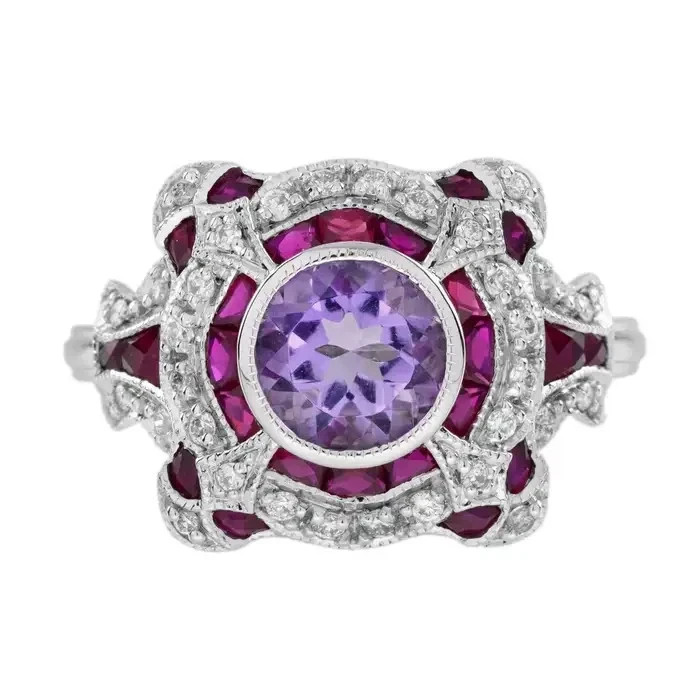 2.4Ct Art Deco Style Lab Created Diamond Amethyst Wedding Ring 14K White Gold FN