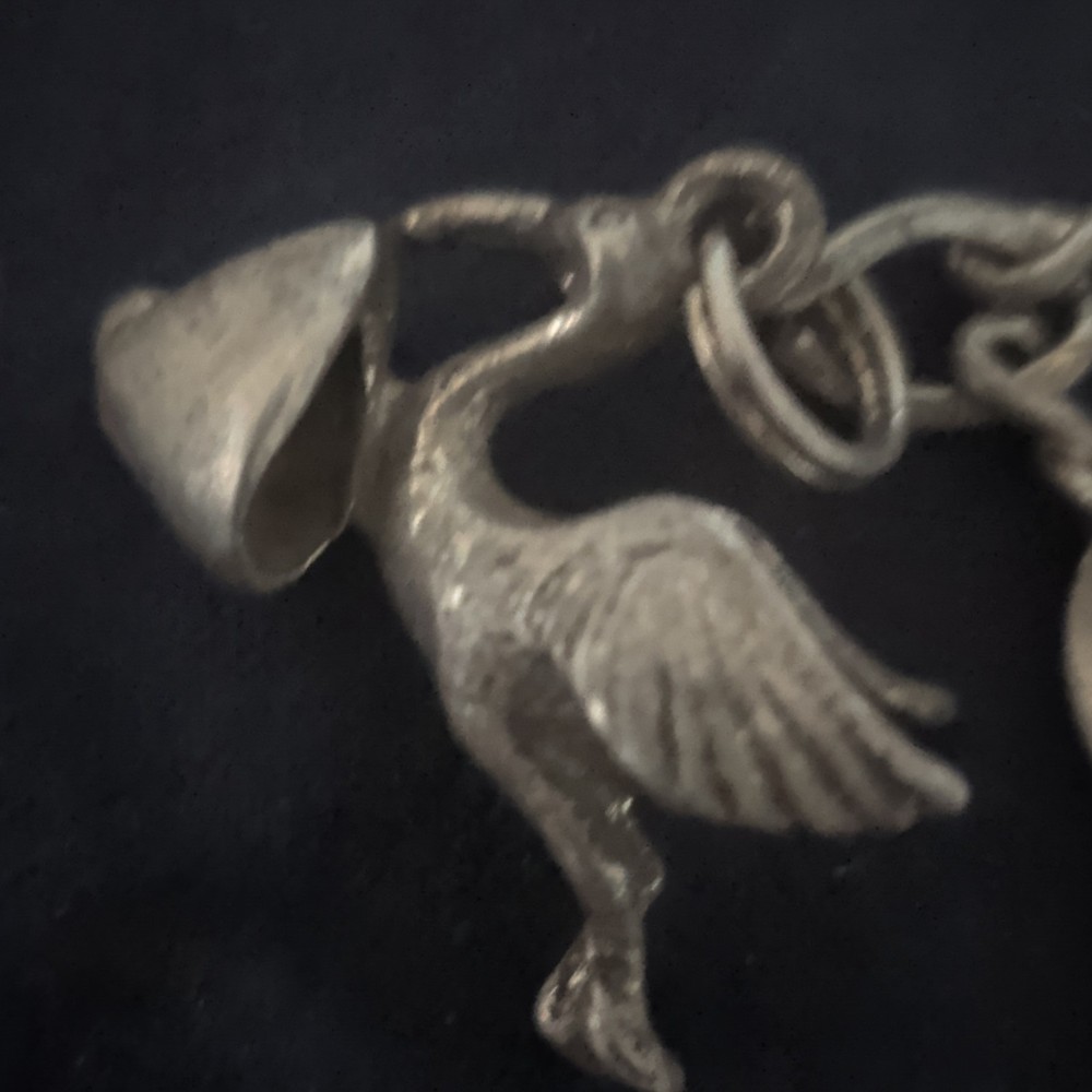 Vintage Sterling Silver Adult Link Charm Bracelet Stork Baby Heart 7.75″