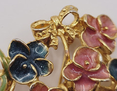 CLASSIC Pansy Flower Basket Gold Tone Pink Blue Green Enamel Vintage Brooch Pin