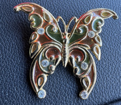 R. Steinmertz SFJ Butterfly Brooch Lapel Pin Goldtone Stained Glass 1970’s