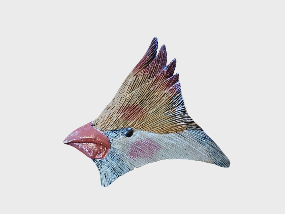 Vtg Wood Resin Female Cardinal Bird Brooch Pin w Painted Details 2.5 Inches