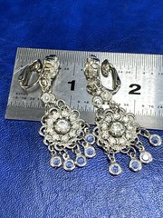 Vtg Silvertone Rhinestone Chandelier Flower Dangle Drop Clip On Estate Earrings