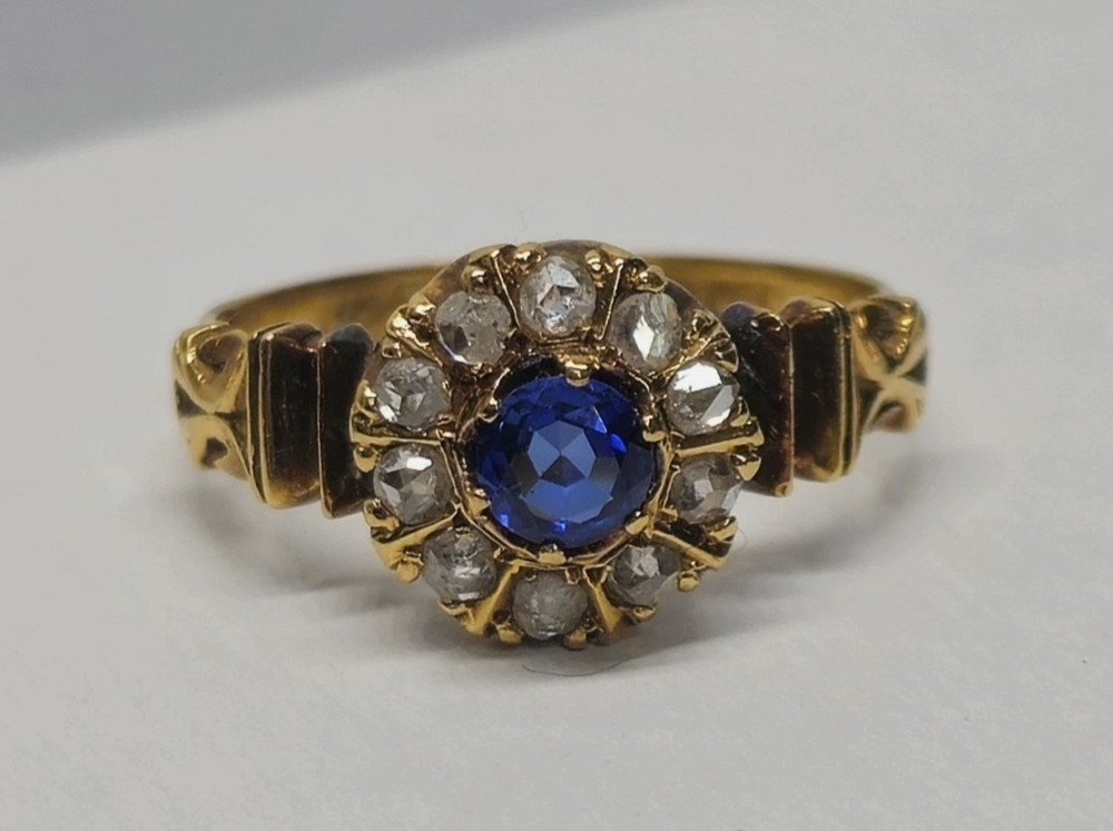 Antique Victorian 18k Gold Synthetic Sapphire Old Rose Cut Diamond Size7.5