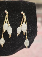Gold and carved white jade Lilly of the valley vintage earrings