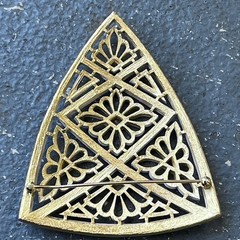 Vintage Huge Signed Crown Trifari Gold White Enamel Geometric Shield Pin Brooch