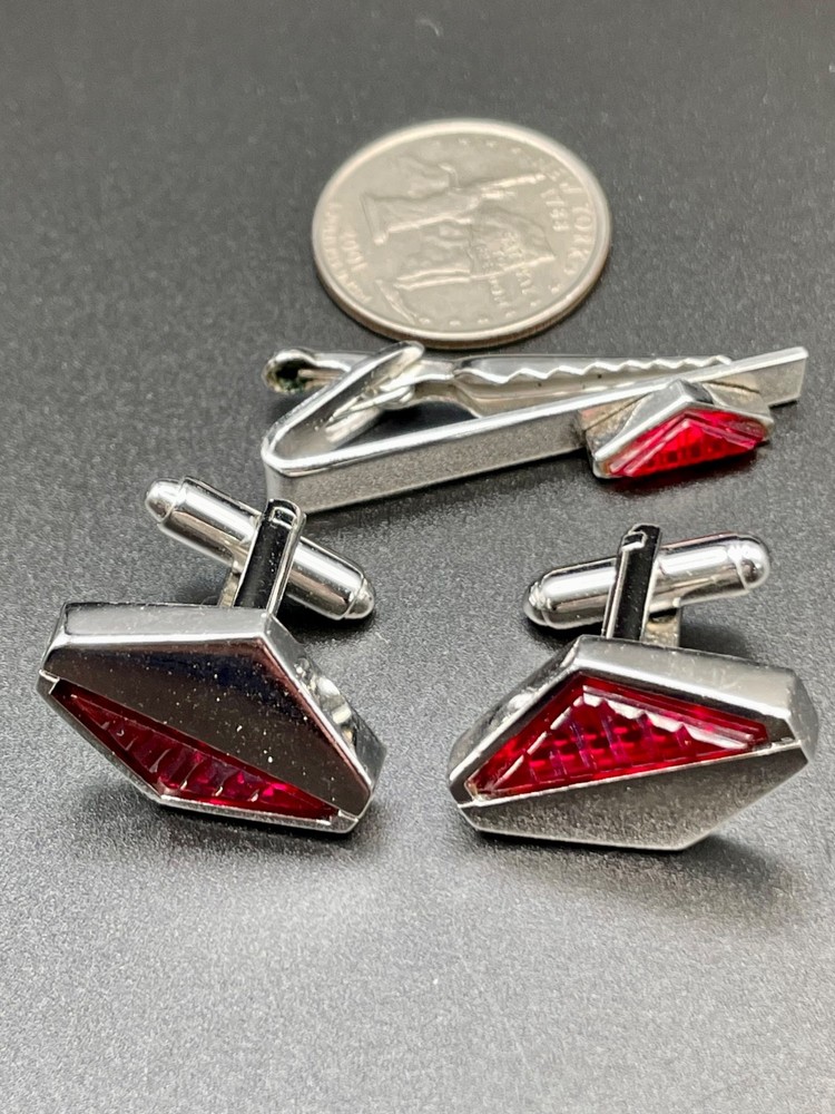 Vintage Silver Tone Ruby Red Cufflinks Tie Clip Set Chevron Geometric MCM