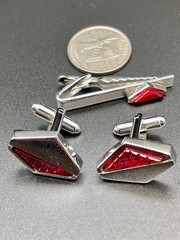 Vintage Silver Tone Ruby Red Cufflinks Tie Clip Set Chevron Geometric MCM