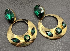 Massive Huge 80s Runway Vintage Green Crystal Dangle Hoop Statement Earrings