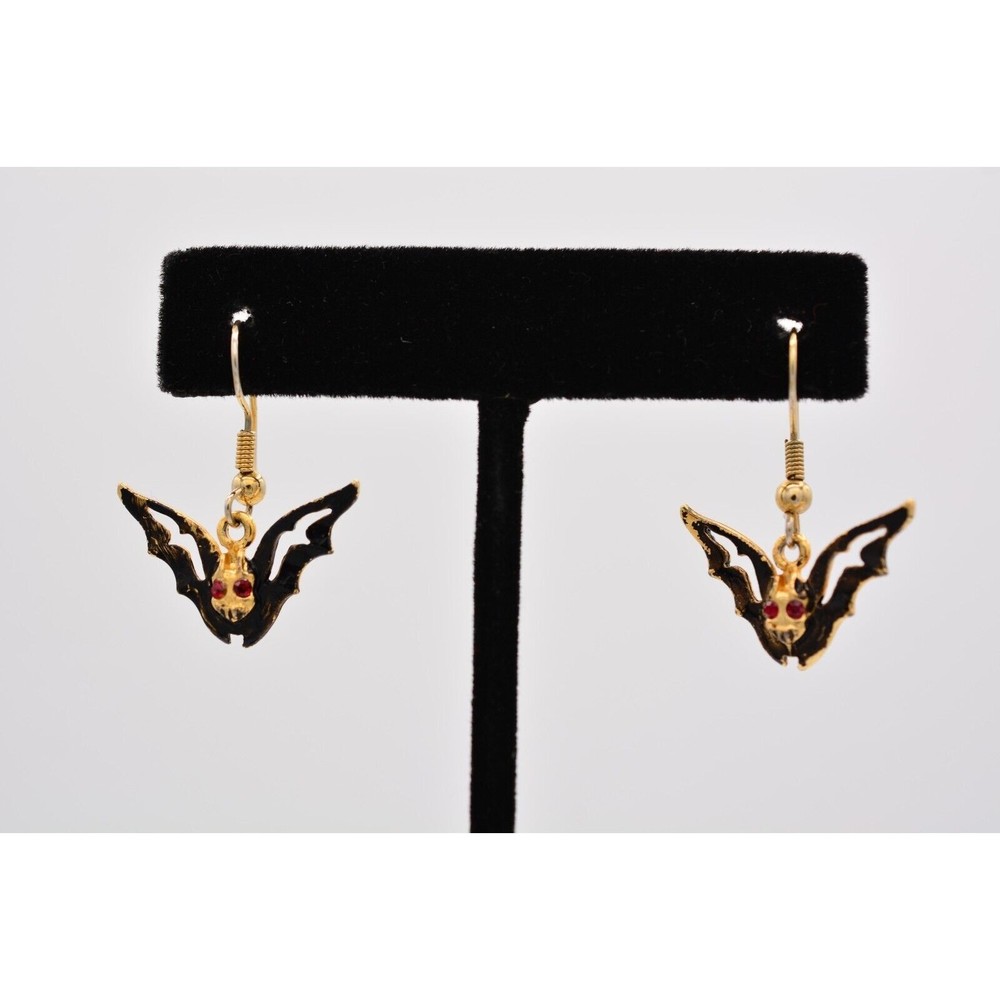 Vintage Black Bat Earrings Halloween Red Rhinestone Crystal 1990s BinAZ