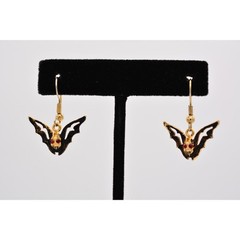 Vintage Black Bat Earrings Halloween Red Rhinestone Crystal 1990s BinAZ