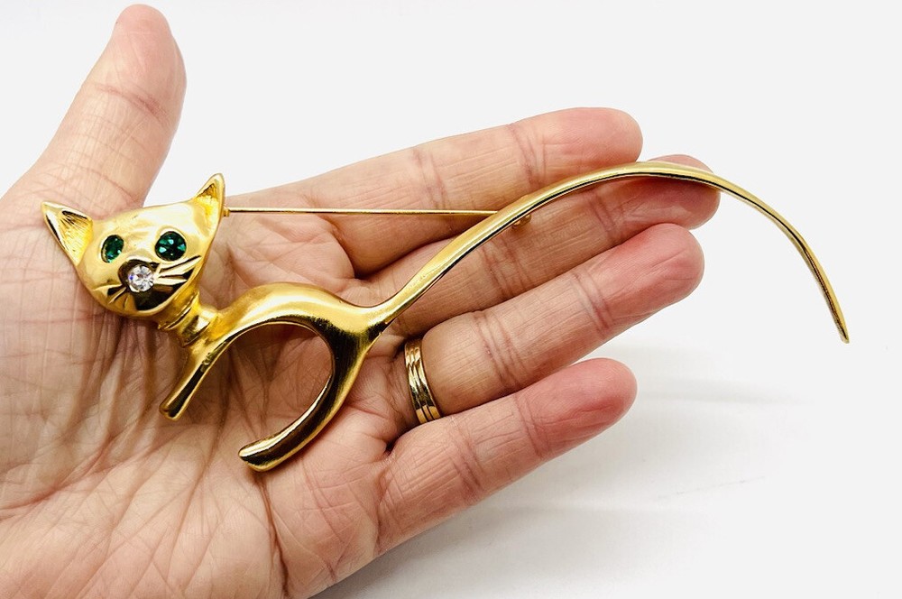 Huge ULTRA CRAFT 6 inch Modernist Cat Brooch Rhinestones Signed Vintage Jewelry