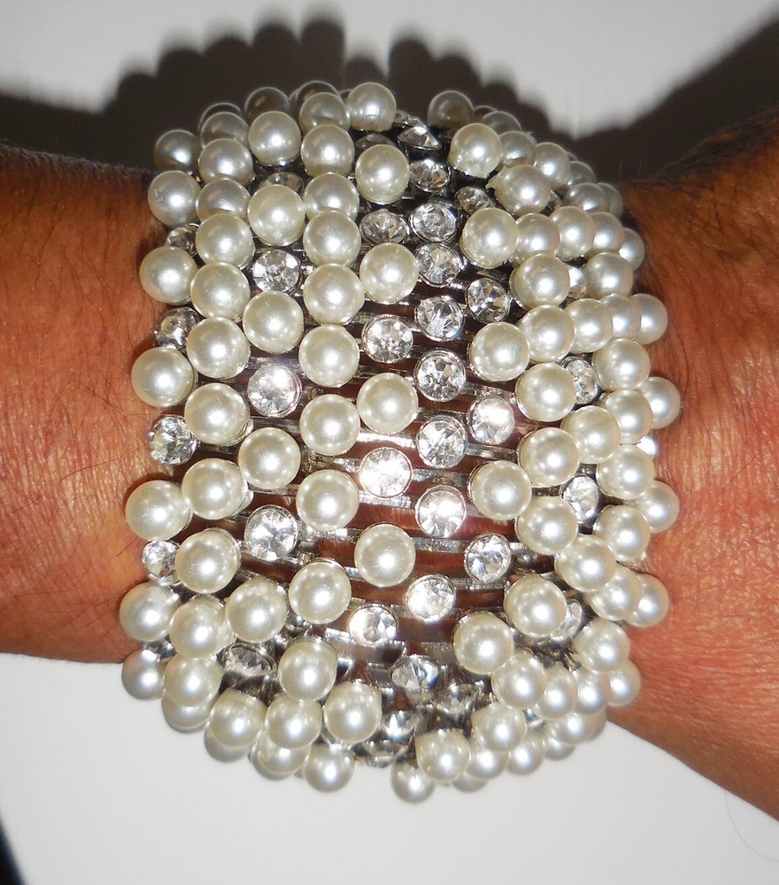 VINTAGE ART DECO BRACELET FAUX PEARLS RHINESTONES VICTORIAN STRETCHABLE DESIGN
