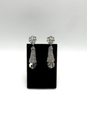 Vtg-CLEAR Rhinestone-Floral-AURORA BOREALIS-Dangle-Clip-on EARRINGS-Pat Pending
