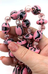 Vintage Glass Necklace Pink Black Art Glass Beaded Pendant 18 Inch