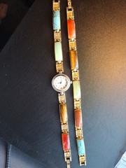 Vtg Multi Stone Inlay Panel Watch (works) Bracelet Set Chinese Symbol Good Luck