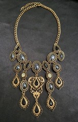 Vintage Antique Gold Black Rhinestone Bib Necklace Gothic Victorian Chandelier
