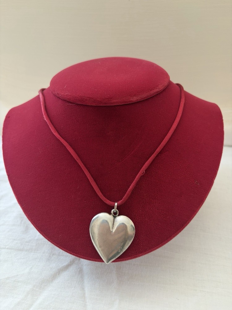 Vintage Big Sterling Silver Large Puffy Heart Pendant Chunky on Silk Cord
