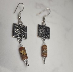 Vintage Rustic Etched Metal and Bead Dangle Earrings