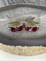 Vintage signed Lisner Red AB Rhinestone Clip On Earrings gold tone