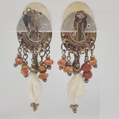 Vintage Boho Mother of Pearl Stone Beaded Dangle Clip On Earrings Yellow Tribal