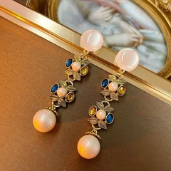 Vintage European Pearl Drop Earrings, Rhinestone Gold Tone Victorian Jewelry