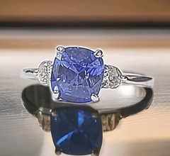 Vintage 14k White Gold Engagement Ring 2.70ct.Natural Blue Sapphire Cushion GIA
