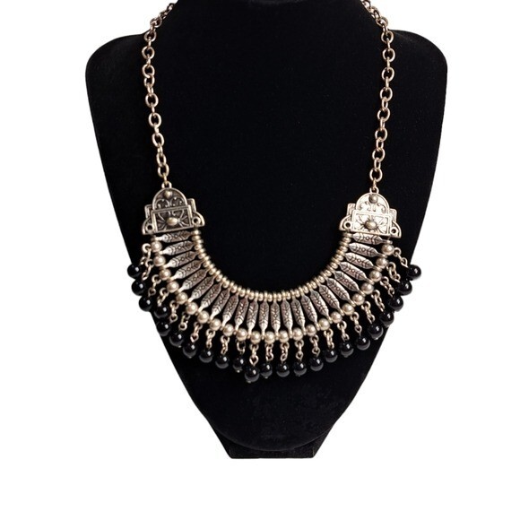 VINTAGE Women’s Silver Tone Black Acrylic Beads Necklace 8.5 in + 3.5 in
