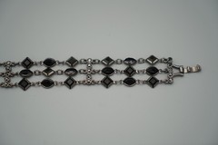 Vintage Geometric Black/Silver Tone Set-Enamel Earrings-Glass Onyx Bracelet