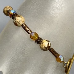 Stone Bracelet Brown Speckled Gemstone Glass Beads Bali Tubes Toggle Vtg 7″