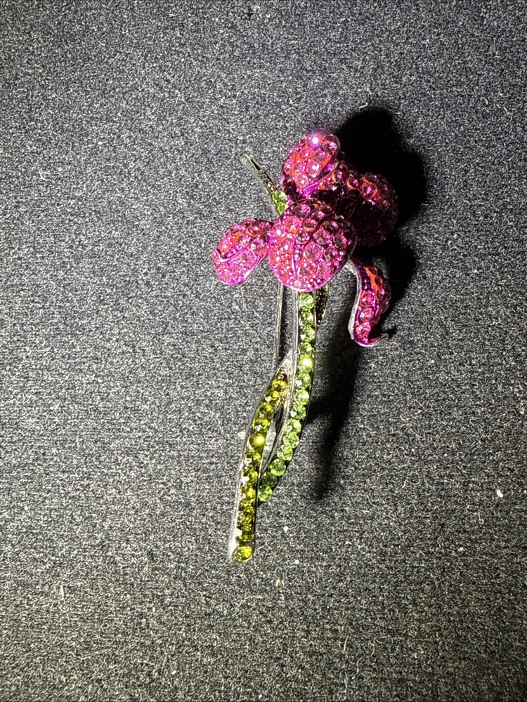 Vintage Floral Flower Pink Green Rhinestone Brooch. 2 1/2 Inches