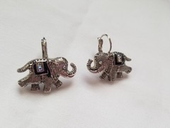 Vintage Elephant Earrings AB Crystals Black Enamel Silvertone Trunk Up Good Luck