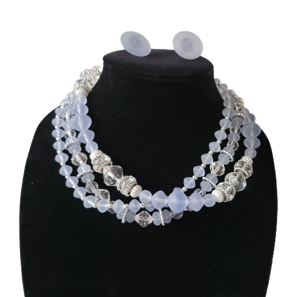 MCM VTG Choker Necklace & Earring Set Frosted Blue Multi-layer Chunky Statement