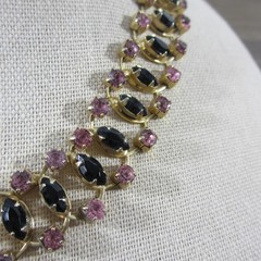 Vintage Rhinestone Necklace Purple Black Gold Tone Choker Collar 15 Inch