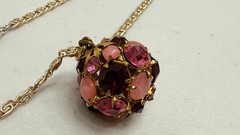 Vintage Necklace Choker Germany Disco Ball Style Pink Gemstones Gold Tone Chain