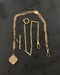 Antique Gold Filled/Plated Pocket Watch Chain Necklace With Locket & T-Bar