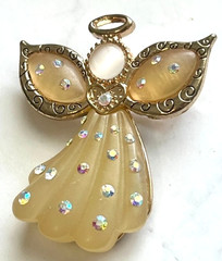 VINTAGE Angel Brooch AB Rhinestones Resin Gold Tone 2″ Pin Designer Signed KC
