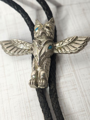 Vintage Bolo Tie Eagle Thunderbird Turquoise Silver Tone Black Enamel Design