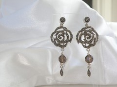 Vintage Sterling Silver 925 Floral Smoky Quartz Marcasite Drop Dangle Earrings