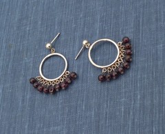 90s Estate Almandine Garnet Bead Fringe Sterling Drop Post Hoop Earrings