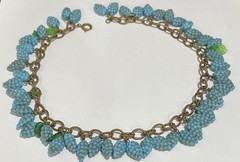 Vintage Grapes & Leaves Glass Neckace Bracelet Earrings In 14k B-on Brass Chain