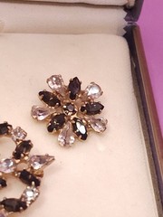 Vtg Signed b david Dark Amber & Clear Rhinestone Brooch Clip Earring Set In Box