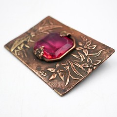 Art Nouveau Red Rhinestone Dragonflies Sash Pin Brooch 2.5″ Embossed Antique