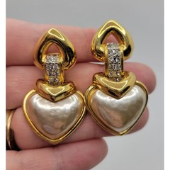 Vintage NOS Vogue Bijoux Heart Clip On Earrings Faux Pearl Crystal Estate Italy
